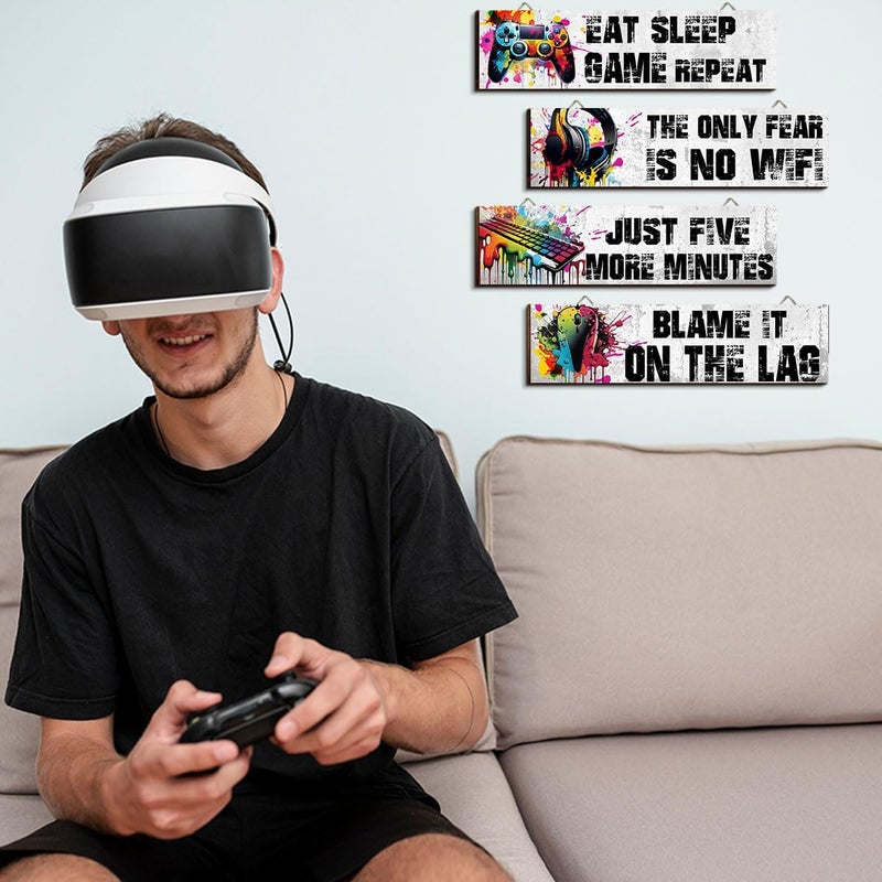 Hatzelou 4Pcs Game Room Hanging Decor Sign, Watercolor Game Wall Wooden Sign, Game Room Accessories Hanging Sign, Gamer Hanging Plaques for Teen Room Bedroom Playroom Decorations, black - Image 5